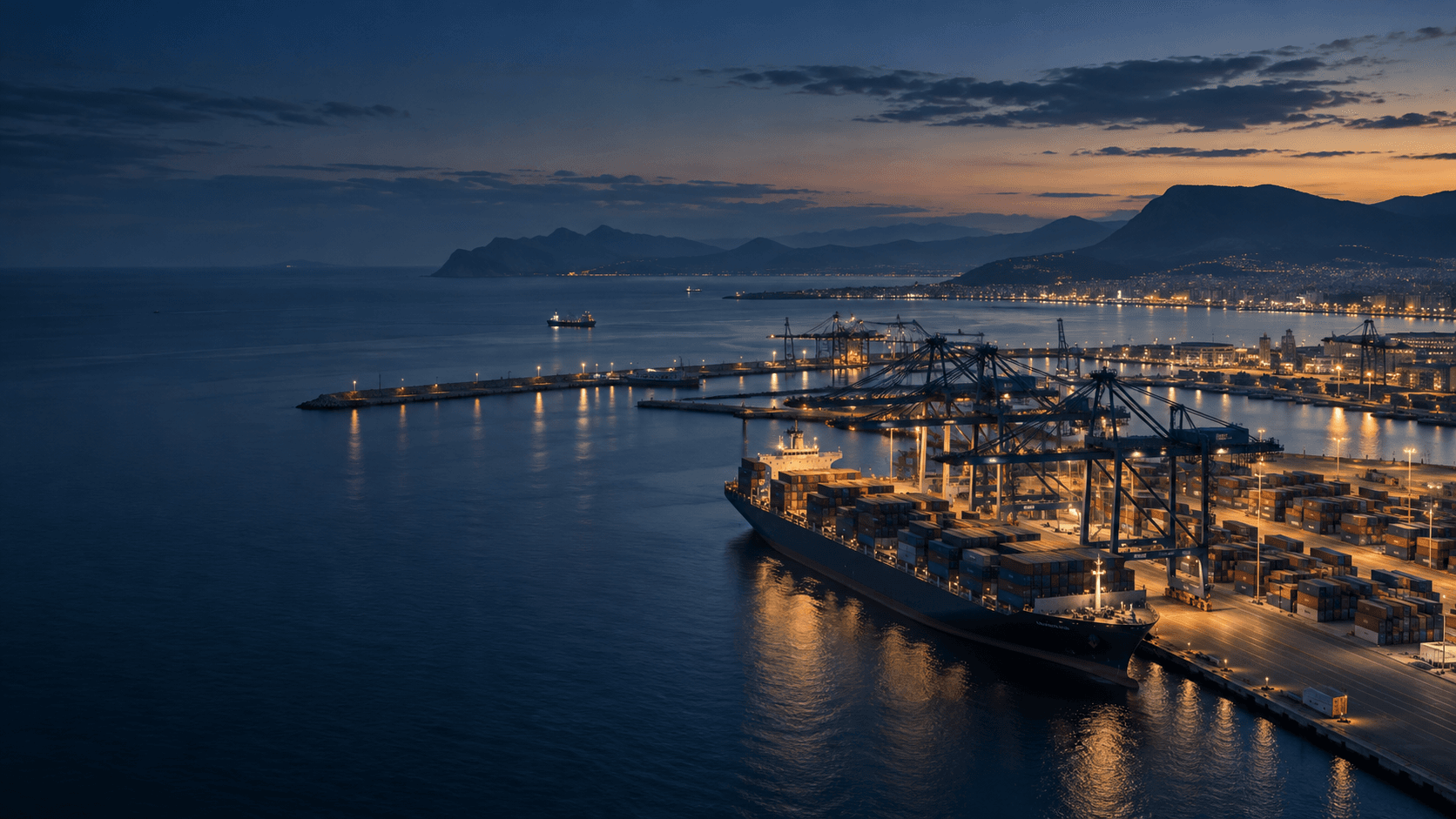 Mediterranean maritime and logistics infrastructure at twilight